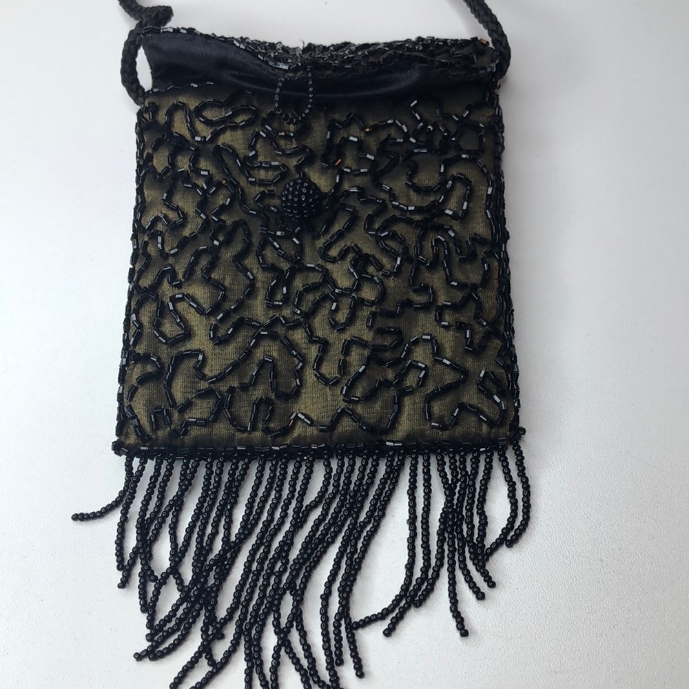 Golden Bronze Fabric mini crossbody bag Beaded front Flap Button closure